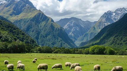 Fototapeta na wymiar sheep grazing peacefully on lush green grass amidst the majestic mountains of New Zealand's North Island.