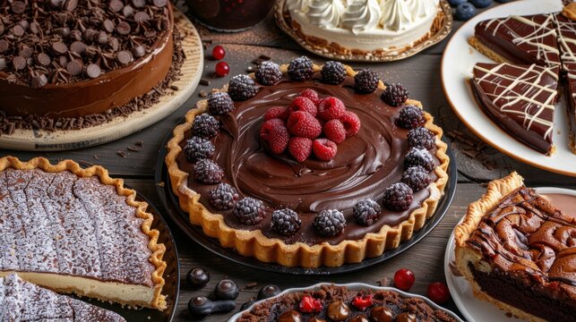 Various ready-made cakes and pies lie on the table, cheesecake with icing and chocolate icing