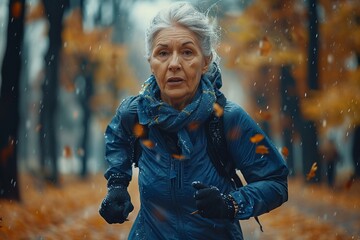 Elderly woman braving the rain in a forest adventure movie scene - obrazy, fototapety, plakaty