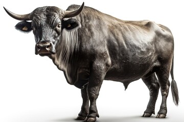 A large black bull with horns is standing in front of a white background