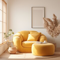 Bright and inviting living room set with vibrant yellow ottoman and armchair