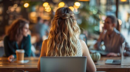 A young woman types away on a laptop back to the camera while a group of friends sit together at a nearby table sharing stories . . - obrazy, fototapety, plakaty