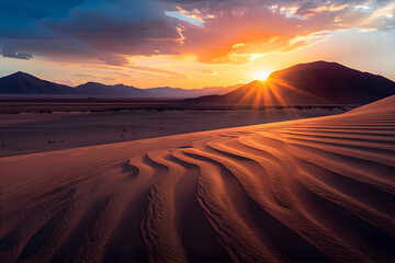 Fototapeta na wymiar Gorgeous desert sunset. A delightful sand desert illuminated by evening light. Traveling concept. 