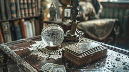 A dusty attic is adorned with cobwebs and antique furniture a crystal ball rests on a lace doily next to a stack of tarot cards. . - obrazy, fototapety, plakaty