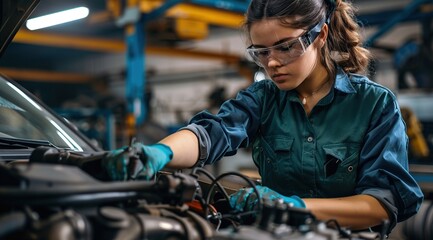 female mechanic working on car engine in car repair shop. repair the vehicle at the service center.