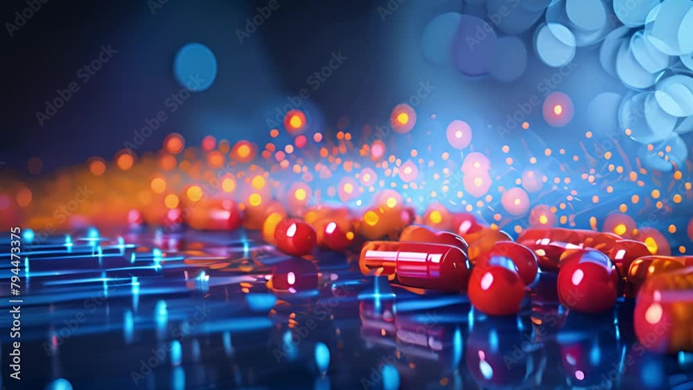 Poster scattered red medication capsules on reflective surface with blue bokeh background