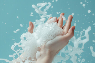 A high-definition capture of hands indulging in a frothy sea of soap foam, set against a light blue backdrop.