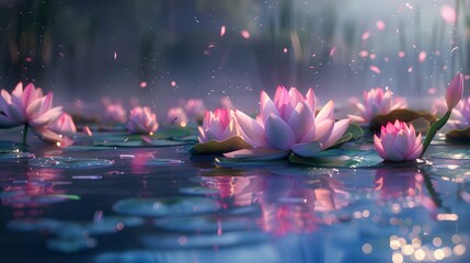 a high-definition 8K scene featuring a tranquil pond surrounded by water lilies in full bloom, their delicate blossoms floating serenely on the surface of the water - Powered by Adobe