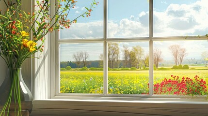 spring on the window sill, featuring a modern window with a view of a vibrant spring field in the yard, ensuring realistic photography in light colors