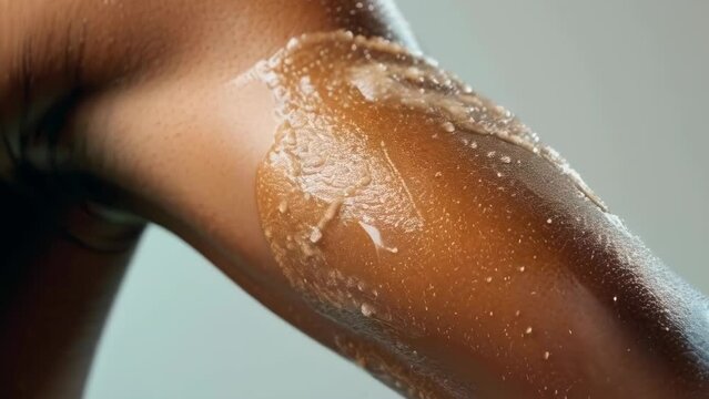 Glistening honey elegantly drizzled on a person's knee, depicting an organic black skin treatment for its natural moisturizing and healing properties