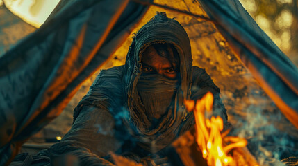 In a dilapidated tent made of tattered fabric the drifter sits by a dying fire their face obscured by a ragged scarf as they stare into the flames with a solemn expression. .