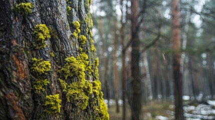 Moss on a tree s bark during the winter in a forest