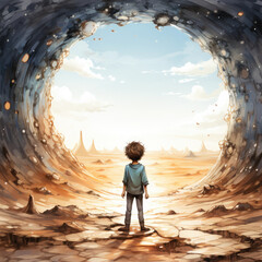 Watercolor Man standing around a huge black hole in a desert, clipart Illustration, Generative Ai - obrazy, fototapety, plakaty