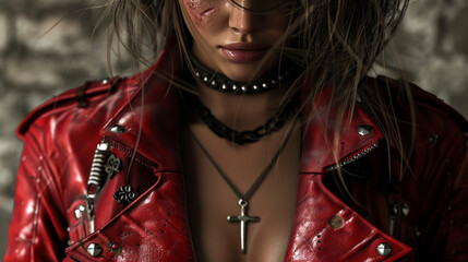 The Crimson Cowgirl stands at a crossroads her gaze fixed on the horizon. Her deep red leather jacket adorned with Gothic crosses and silver studs reflects her fierce . - obrazy, fototapety, plakaty