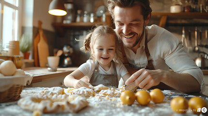 Overjoyed young family with little preschooler kids have fun cooking baking pastry or pie at home together, happy smiling parents enjoy weekend play with small children doing bakery cooking in kitchen - obrazy, fototapety, plakaty