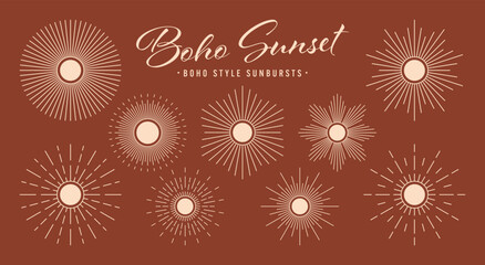 Vintage sunburst, sunset beams collection. Boho style, modern minimalist bohemian design. Hand drawn bursting sun, light rays. Logotype or lettering design element in retro style. Vector illustration