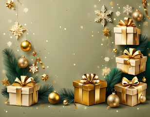 Illustration of a New Year banner with Christmas gift boxes and golden decorations on khaki background.  Christmas holiday celebration, winter, New Year concept. Generative AI.