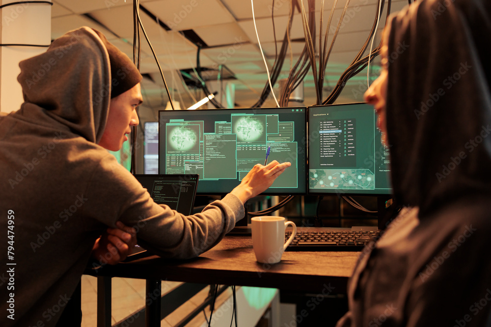 Poster cybercrime, criminals hacking server, stealing analytics data, developers programming illegal firewa