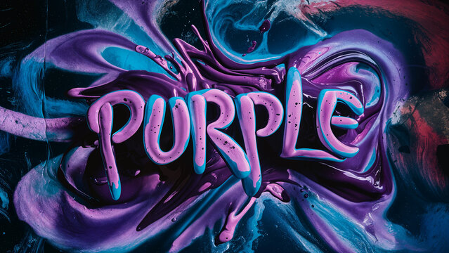 Mesmerizing and vibrant colorful liquid paint splash forming the word 'purple'  in a creative and artistic typography concept style.