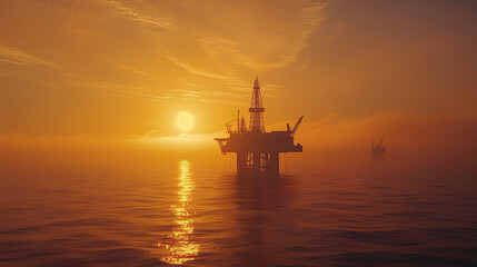 Offshore oil rig drilling platform at sunset. Oil and gas platforms north sea
