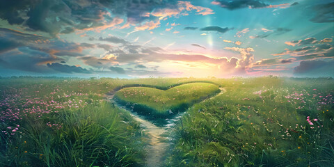 Nature is truly beautiful and we must show it more LOVE = meadows with a path that splits in tow and creates a love heart shape with a gorgeous sunset cloudscape and copy space for spiritual message 
