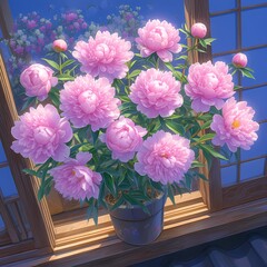 A vase of vibrant pink peonies blooming against a serene window backdrop, capturing timeless beauty.