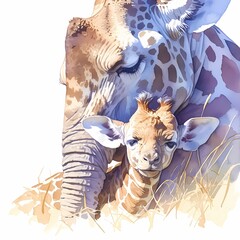 Embrace the Warmth of Nature's Bonding - A mother giraffe with her baby in a serene jungle setting