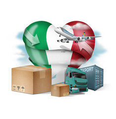 Italy flag with different means of transporting goods to do business, importing and exporting...