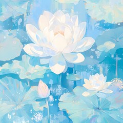 Stunning Lotus Flower Bloom and Water Lily Blossoms in Serene Blue Pond