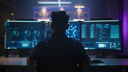 A male IT worker sitting at his desk in front of three monitors, facing away from the camera and looking down to check data on one monitor Generative AI