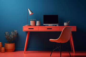 office interior with table, blue wall, orange chair and desk, lamp, plants, open laptop, and design objects, modern comfortable design vivid teleworking set with pop inspiration candy colors home