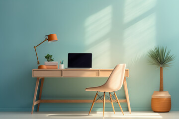 pastel colors office interior with light beige chair and desk, lamp, plants, open laptop, and...