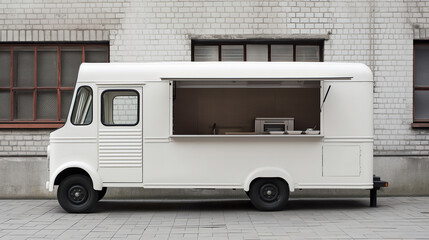 white food truck with an open door and counter inside, parked against the backdrop of a grey brick wall.  traditional French cooking outside small business concept 