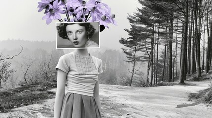 Surreal montage of woman with floral head in black and white forest