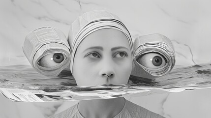 monochrome portrayal shows a womans face emerging from a sea of newspapers, with rolls of paper ingeniously crafted to resemble her hair and eyes, creating an illusion of vigilant gaze