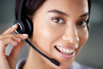 Callcenter, woman and portrait with headset and mic for communication, CRM and contact us for...