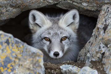Curious fox peeking out from rocky den - obrazy, fototapety, plakaty