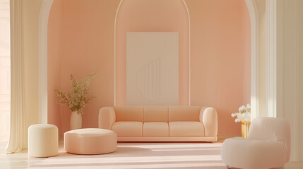 Peach fuzz is a trend color year in the luxury living room. Painted mockup wall for art - peach apricot beige pastel colour. Modern room design interior home. Accent premium lounge