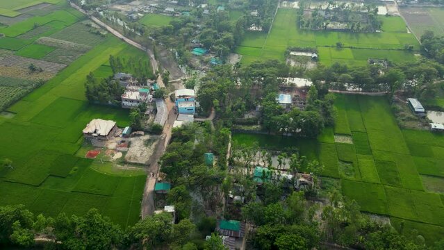Aerial view of asian green village with a concreate road