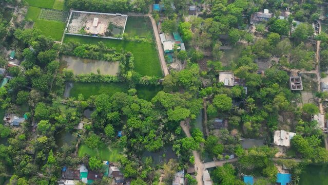 Aerial view of asian green village with a concreate road