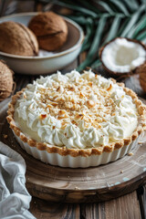 Delicious Slice of Coconut Cream Pie on a Wooden Table