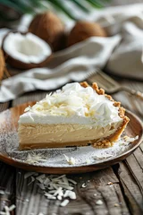 Rolgordijnen Delicious Slice of Coconut Cream Pie on a Wooden Table © JJAVA