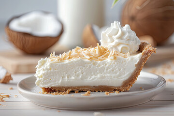 Delicious Slice of Coconut Cream Pie on a Wooden Table