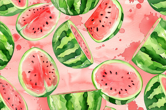 A charming seamless pattern featuring vibrant watercolor watermelon slices against a pink splattered background, perfect for summer designs and fruity themes
