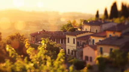 Fotobehang Defocused background of a quaint tuscan village bathed in the ethereal glow of the sunrise. . © Justlight
