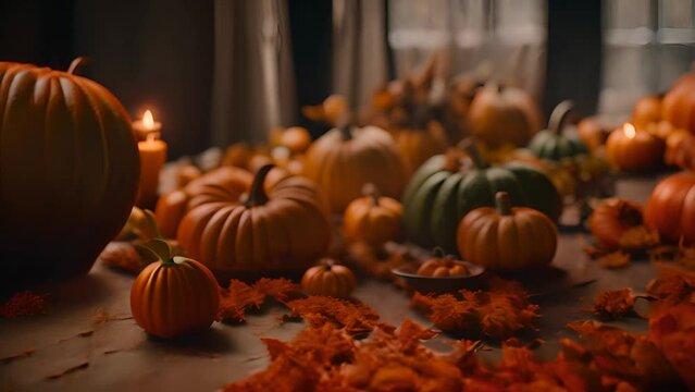 Table Adorned With Pumpkins and Candles Generative AI