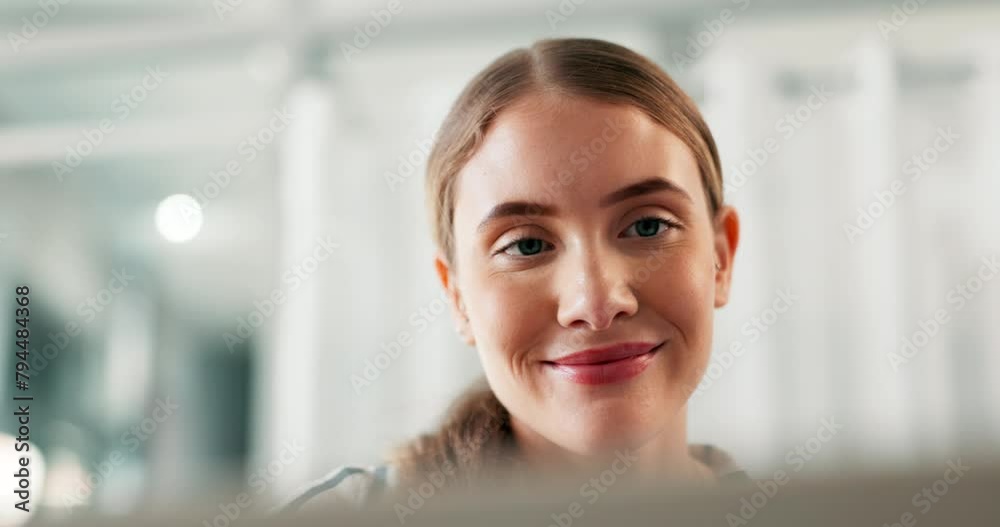 Poster student, remote work and woman with laptop in home for research, studying and elearning for online p