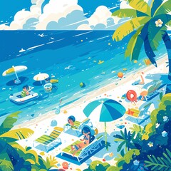 Vibrant Illustrated Beach Scene: Sunbathers, Watersports, and Paradise Vibes