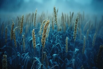 Field of wheat with blue sky, a beautiful terrestrial plant landscape