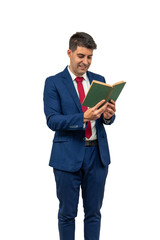 vertical Businessman in Blue Suit and Tie Reading a book with Interest white background